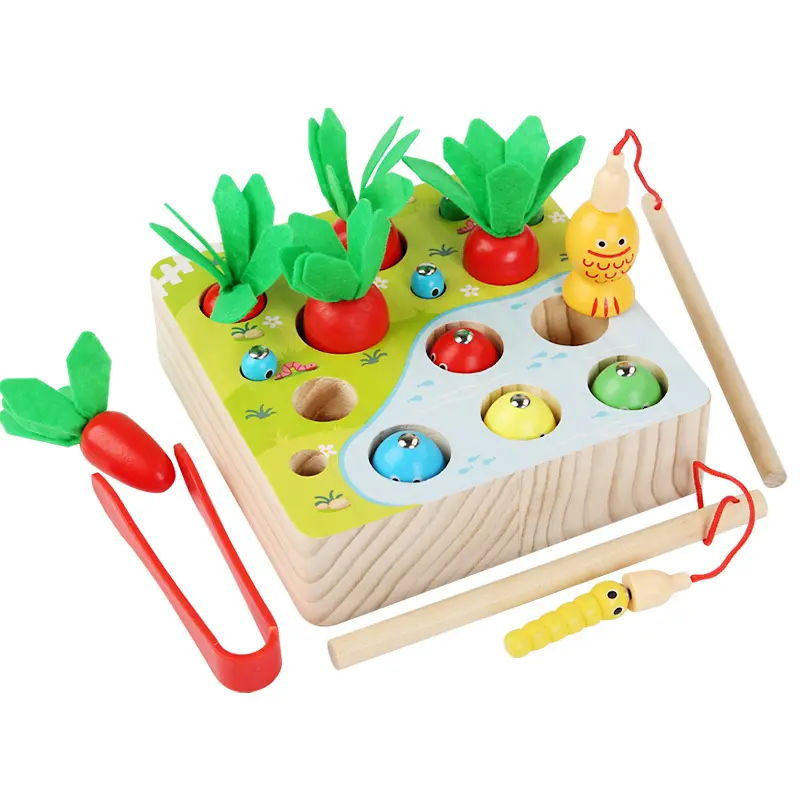 2023 New Children Wooden Magnetic Radish Pairing Fishing Board Montessori Educational Catch insects Toys For Kids