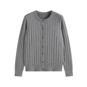 <strong>Navy</strong> Crew Neck <strong>Cardigan</strong> Pure Cashmere Knit Cable Outerwear <strong>Cardigan</strong> - Product Image 3