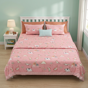 Juego de Edredón de Algodón con Estampado Animal Rosa, 4 Piezas, Ropa de Cama Infantil con Dibujos Animados para Cama de 1.8m, Transpirable, para Todas las Estaciones, Grado A, 300 Hilos - Product Image 1