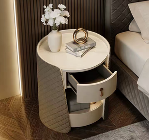 Table de chevet minimaliste italienne ronde en cuir véritable avec plateau en pierre frittée, table de chevet de luxe en bois massif pour chambre à coucher - Product Image 5