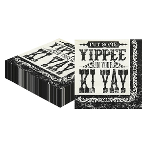 Serviettes de cocktail écologiques 3 plis imprimées noir et blanc style vintage avec citation « Yippee Ki Yay », <span class=keywords><strong>en</strong></span> sac <span class=keywords><strong>en</strong></span> <span class=keywords><strong>papier</strong></span> jetable pour fêtes - Product Image 1
