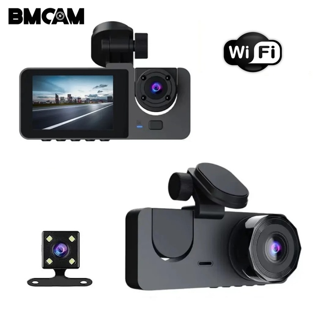 Black Box Car Dash Cam 3 Cameras IPS Screen 1280x720P WiFi Night Vision Traffic Recording Universal Fit