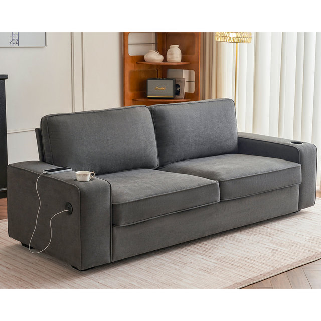 89'' Modern Foldable Reclining Sofa with USB Charging Ports Cup Holders Wooden Frame Fabric Upholstery for Living Room Hotel Use