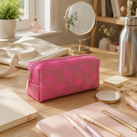 Trousse à crayons à motif de cœurs roses avec tissu chatoyant et fermeture éclair dorée pour le rangement des fournitures de papeterie