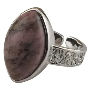 Wholesale Women Man Metal Small Finger Ring Jeweled Colourful Natural Horse Eye Shaped Red Rhodonite Gemstone Rings