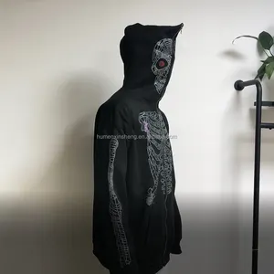 Manufacturer for customs clothes mens 100% cotton skull full face zip hoodies rhinestone full zip up hoodie for men