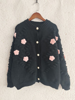 Cardigan en tricot épais surdimensionné pour femmes, ouvert sur le devant, manches longues, bleu, avec embellissement rose, boutons en perles, automne-hiver