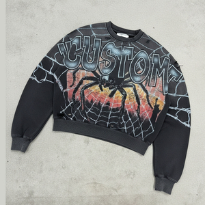 เสื้อสเวตเชิ้ตคอกลมโอเวอร์ไซส์สำหรับผู้ชาย รุ่น Heavyweight 400 GSM สีดำลายแมงมุม พิมพ์ลายดิจิตอลแบบ Distressed สไตล์สตรีทแวร์ ผลิตตามแบบ OEM - Product Image 2