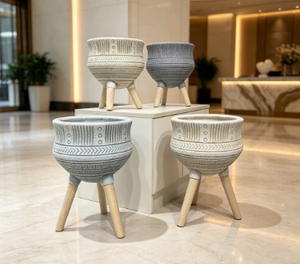 Ethnic Pattern Standing Flower <b>Planter</b> with Wooden Legs, Multi-color Indoor <b>Outdoor</b> Home Garden Decor Wholesale - Product Image 3