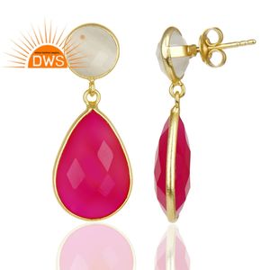 Piedra de la Luna y Piedra Rosa de Calcedonia, colgante de diseñador, chapado en oro, pendientes de plata 925, proveedor de joyería - Product Image 3