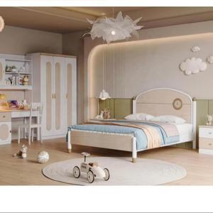 Ensemble de meubles modernes en bois massif couleur crème pour enfants - Combo chambre scolaire comprenant <span class=keywords><strong>lit</strong></span>, armoire, bureau d'étude et meuble d'appoint - Product Image 1