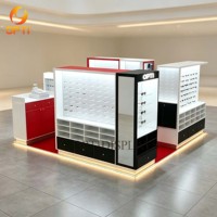 Kiosque optique LED personnalisé pour centre commercial, présentoir de lunettes en ligne, vitrine de magasin de lunettes de soleil avec tiroir et comptoir de caisse