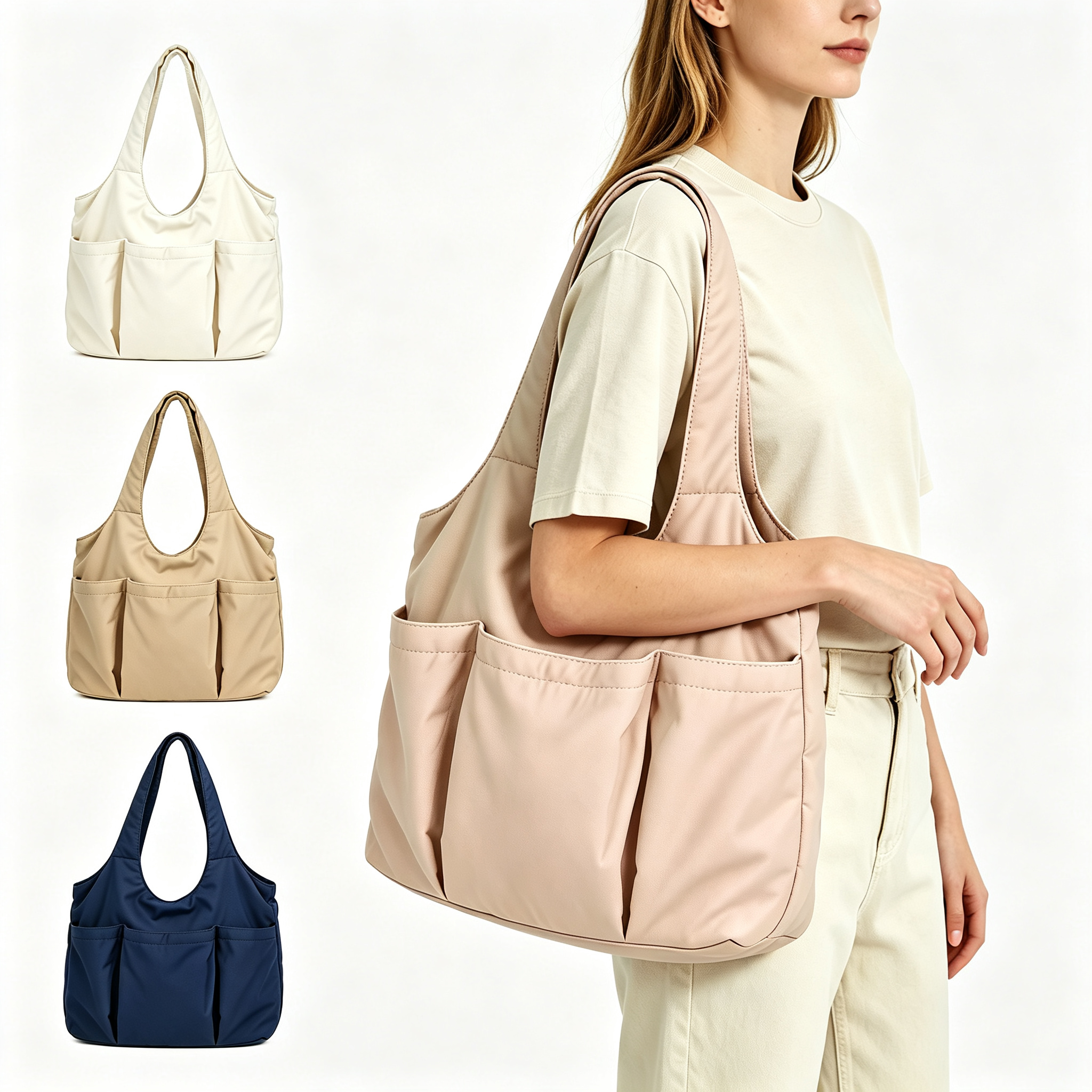 Single Strap Multi-Pocket Nylon Shoulder Tote