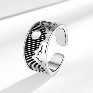 Adjustable Wide Band Open <b>Ring</b> Mountain Moon Bird Engraved in Silver Black Two-Tone Chinese Style Unisex Statement <b>Boho</b> Jewelry - Product Image 5