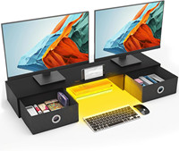 Support de moniteur double avec lumière LED, 2 tiroirs de rangement, étagère organisatrice de bureau pour ordinateur portable/PC/écran TV/imprimante - Bois 44x31 Maison