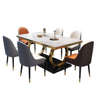 Ensemble de table à manger rectangulaire moderne en pierre frittée, cadre en acier inoxydable plaqué or, cuir microfibre résistant à l'usure