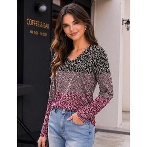 Blusa de manga larga con cuello en V para mujer, estampado floral, informal, para el trabajo, camisa de popelina elástica, tallas S a 3XL - Product Image 4