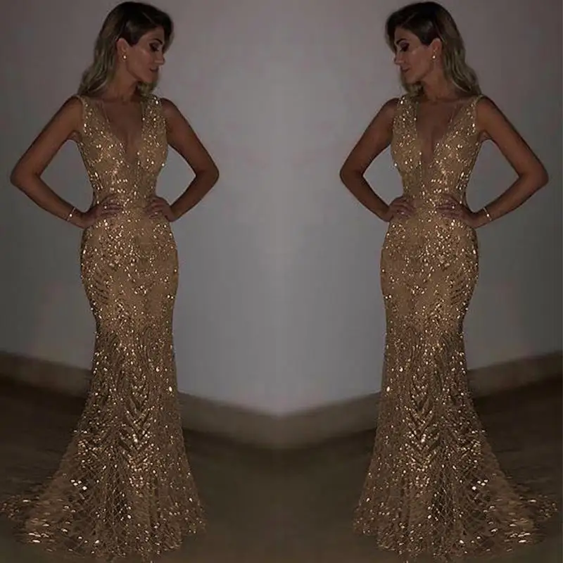 Women's Evening Dress Gold Prom Dress Bling Mermaid Sequined Ladies Formal Wear Gowns