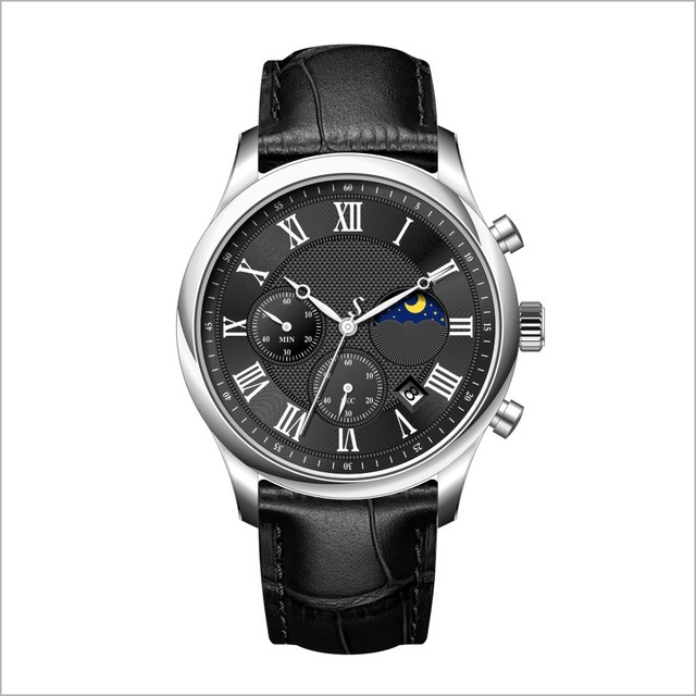 Classic Men's Quartz Movement Watch Fashion Leather Strap Watch Moon Phase  Watch Parts