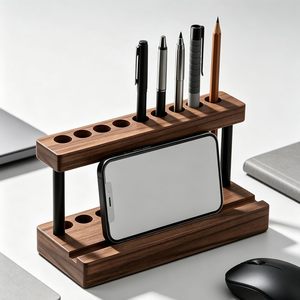 Soporte de Exhibición para Bolígrafos de Madera de Nogal Macizo con 9 Ranuras y Soporte para Teléfono Celular, Organizador de Bolígrafos Estético para Decoración Minimalista de Escritorio de Oficina - Product Image 2