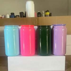 Ready Stock 16Oz Iridescent Frosted <b>Clear</b> Colored Jelly 16 Oz Plastic Beer Can Cup <b>With</b> <b>Lid</b> and Straw - Product Image 5