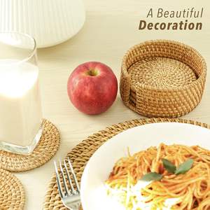 Dessous de verre en rotin tissé naturel Dessous de plat rond résistant à la chaleur pour tasses à thé pour table de cuisine-Ensemble de tapis - Product Image 6