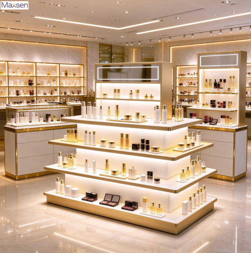 Illuminated Tiered Cosmetic Display Showcase Multi Layer Retail Fixture ...