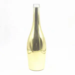 Electroplating empty custom label 750ml gold glass sparkling wine bottle with cork wholesale
