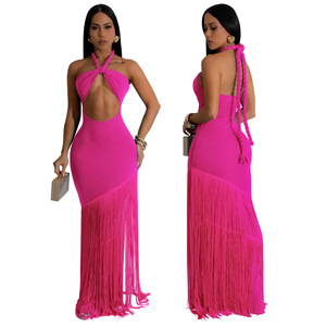 Robe longue unie dos nu à franges pour femme, tenue de plage, été 2026, grandes tailles <span class=keywords><strong>XXL</strong></span> - Product Image 6