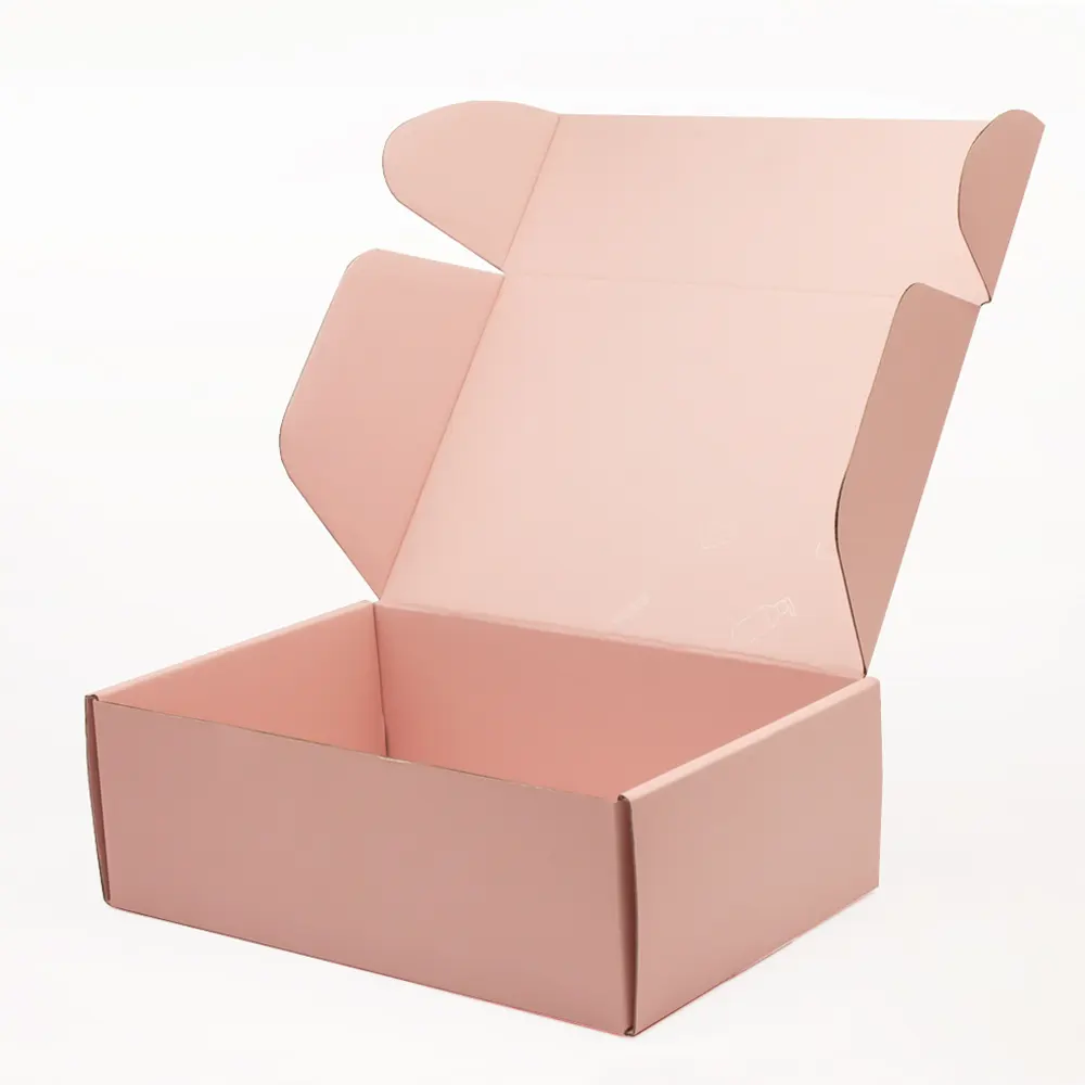 Giysi ambalajı kutusu pembe özelleştirilmiş renk soyulabilir kapama oluklu katı mailler kağıt giyim nakliye kutuları
