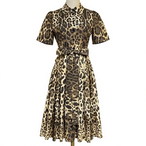 <b>Leopard</b> <b>Print</b> Cotton Dress Turn-down Collar Short Sleeve Vintage A-line Midi Dress with <b>Belt</b> for Autumn - Product Image 2