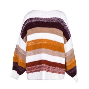 Pull chaud en <span class=keywords><strong>laine</strong></span> mérinos pour dames en tricot ample à col rond à rayures colorées - Product Image 2