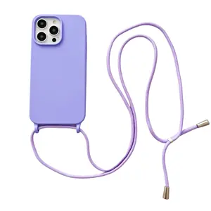 Full Cover Cross body Strap Liquid Silicone Mobile Phone Case For iPhone 15 pro 14 13 pro max with adjustable Necklace strap