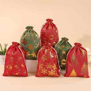 Sac en coton et lin avec cordon de serrage, estampage à chaud, pour Noël, pochette cadeau de Noël, sac décoratif de Noël - Product Image 5