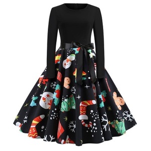 New Arrival Women's Vintage Print Long Sleeve Christmas Evening Party Swing Dress Festa Clothing Winter <strong>Clothes</strong> Black Dress - Product Image 4