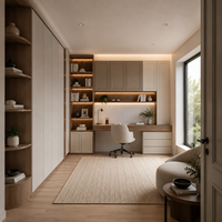 Armoires de bureau avec rangements encadrés blanc chaud, un bureau couleur bois et des étagères lumineuses