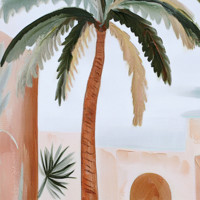Tableau sur toile Oase Tropicale Simple : Peinture Murale Arbre Vert, Palmiers et Cour Marocaine