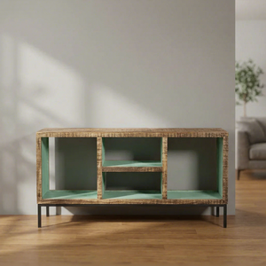 Rustic Wooden Iron <b>Media</b> Cube Rack with Open Compartments and Metal Legs for Living Room <b>Storage</b> - Product Image 1