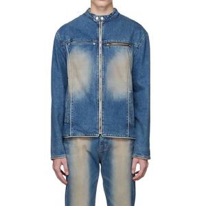 Veste en jean pour homme, style motard, bleu délavé, col montant, fermeture éclair, non extensible, denim biker - Product Image 2