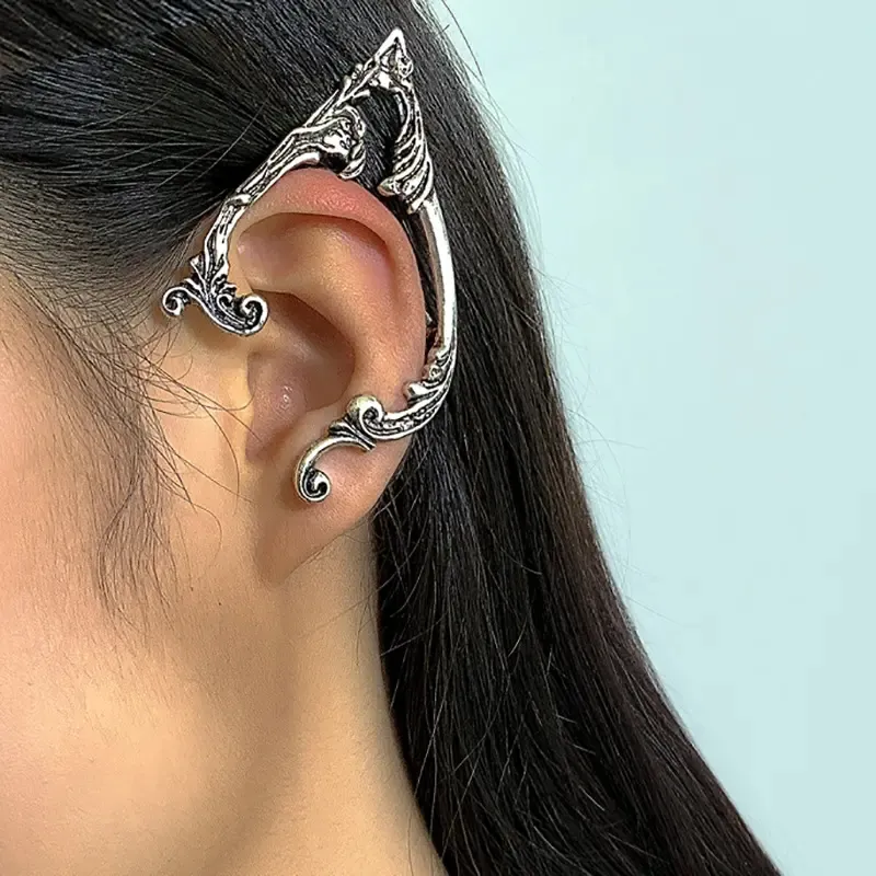 Anting-anting panjang tanpa tindik, anting-anting peri gelap tidak teratur, buatan garis telinga tua, anting-anting elf gelap, anting gantung, goth perak, tanpa tindik, peri Punk