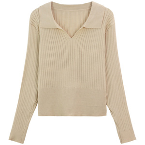 Women's Ribbed Polo Collar Knit Top Apricot Long Sleeve Solid Color Sweater Autumn Winter Inner Layer High End Base Layer - Product Image 5