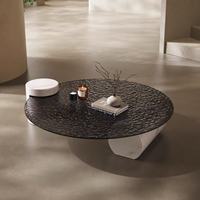 Table basse ronde en verre ondulé gris, plateau en verre trempé, piétement en marbre blanc, style nordique minimaliste pour salon, hôtel
