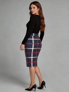 Falda lápiz elástica de poliéster a cuadros vintage de talla grande Joyinspring, cintura natural, ajustada, hasta la rodilla, para primavera - Product Image 2