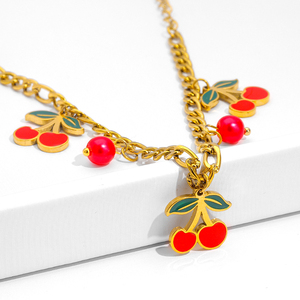 Conjuntos de joyería de moda de acero inoxidable 18K chapado en oro borla cereza encantos pulsera cubana - Product Image 5