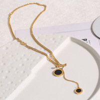 Collier Lariat pour Femme en Acier Inoxydable Plaqué Or 18K Anti-ternissement avec Pendentif Disque Noir Chiffres Romains et Fermoir à Bascule