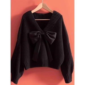 Maglione Corto da Donna con Scollo a V, Fiocco Grande Frontale, Maniche a Lanterna, Lavorazione a Nastro, Pullover in Maglia Rosso Vino, Maglione Festivo Invernale, Top, Vendita all'Ingrosso - Product Image 3
