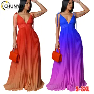 Women's Sexy Plus Size V Neck Sleeveless Spaghetti Strap High Waist Ruched Ombre Long Evening Prom Gradient Flowy Madi Dress