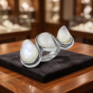 Art Palace 925 Silver <b>Cluster</b> Ring with Natural Rainbow Moonstone Bezel Setting Bohemia Style Unisex Everyday Wear - Product Image 2