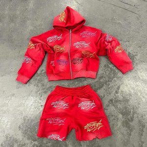 Custom Printed Autumn Fleece Street <strong>Style</strong> Hoodies and Shorts Sets Sun Faded Washed Zip-Up <strong>Tracksuit</strong> for Men - Product Image 1