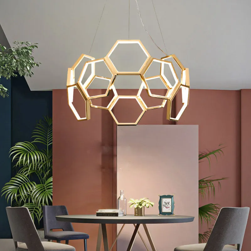 Postmoderne neue einfache sechseckige kreative designerin Wohnung-Einrichtung Dekor Wohnzimmer Edelstahl-Kronleuchter